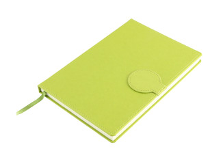 Notebook grain green cover closed on white background.