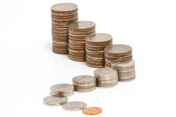 Stack of Thai coins isolated on white backgound