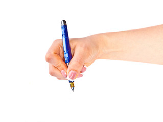 Hand with fountain pen on a white background
