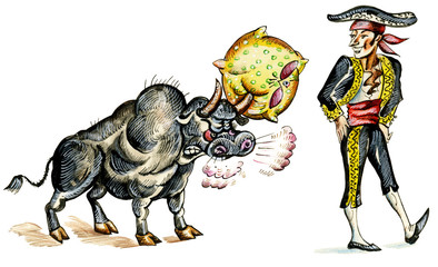 Matador and bull comic illustration