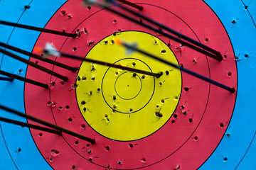 Fl&egrave;ches plant&eacute;es sur une vraie cible de tir &agrave; l'arc.