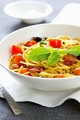 Spaghetti with bacon and dried chilli