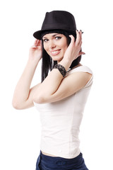 beautiful brunette bortrait with black hat