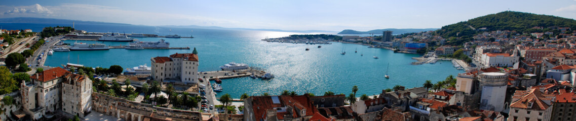 Panoramic view of Split por city and Marijan Hill from belfry in