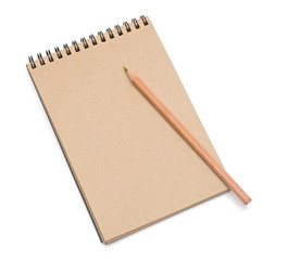 recycled paper notebook with pencil isolated on white