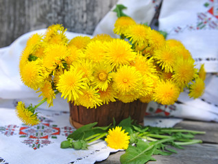 Bouquet of dandelions in a basket