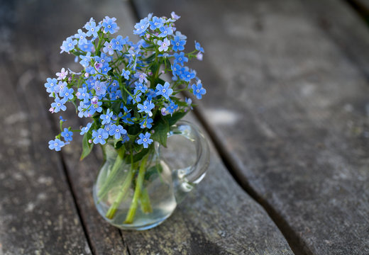 Fototapeta forget-me-not flowers on wooden surface