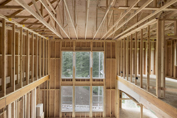 New Construction Home High Ceiling Wood Stud Framing - obrazy, fototapety, plakaty