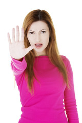 Hold on, Stop gesture showed by woman