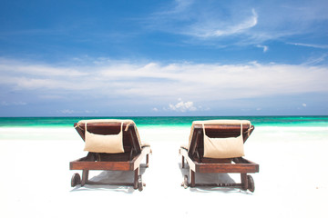 two chairs on perfect tropical beach. Tulum, Mexico