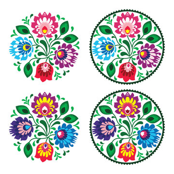 Ethnic round embroidery with flowers - traditional polish