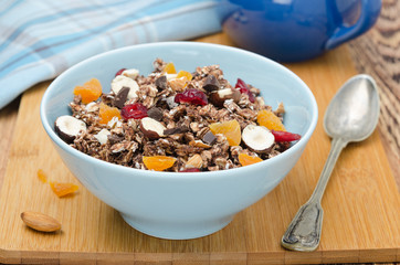Chocolate granola with nuts and dried fruit horizontal