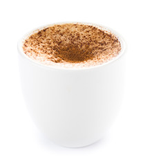 Cappuccino coffee powdered with chocolate isolated on white back