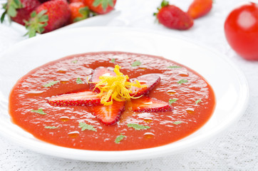 tomato and strawberry gazpacho, close-up