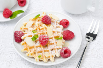 waffles with fresh raspberries and nuts on a plate for breakfast