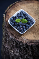 blueberries in a bowl on a tree stamp