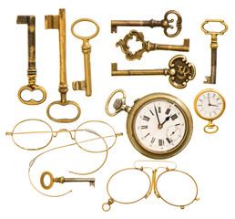 set of antique keys, clock, glasses