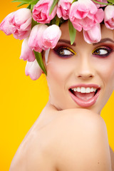 beauty woman portrait with wreath from flowers on head yellow  b