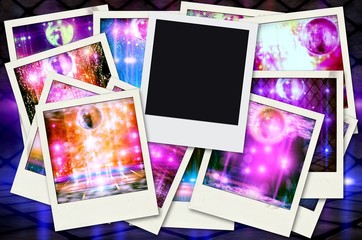Abstract disco ballswith empty polaroids.