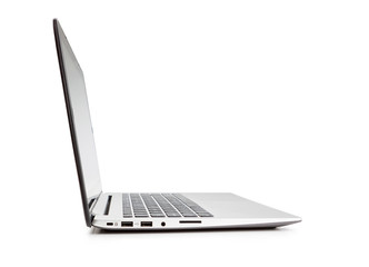 Modern laptop side view, on white background.