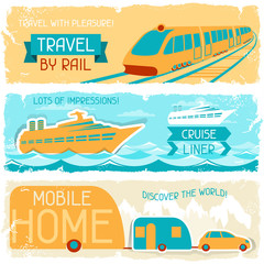 Set of horizontal travel banners in retro style.