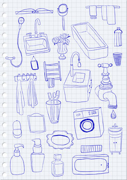 Bathroom objects on paper background