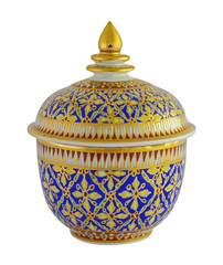 name of Thail porcelain with desings in five colours  isolated o