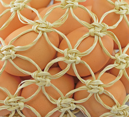 background of fresh eggs in weave net