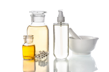 bottles and tools for herbal medicine