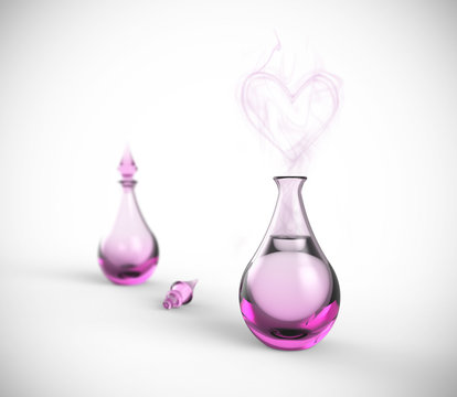 Love potion. Perfume bottle with heart vapor