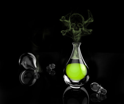 A bottle of green poison with a skull and fumes
