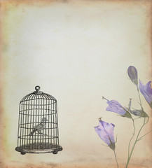 Cage à oiseaux avec oiseau dessiné dans un style rétro