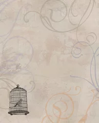 Abwaschbare Fototapete Vögel in Käfigen Vogelkäfig mit Vogel im Retro-Stil gezeichnet
