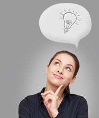 Office thinking woman looking up with idea sign in bubble on gre