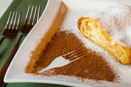 strudel with cottage cheese with a cocoa fork pattern
