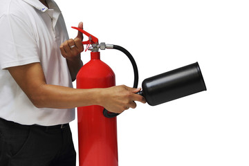 A man showing how to use fire extinguisher isolated over white b