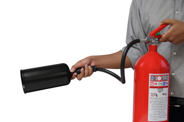 A man showing how to use fire extinguisher isolated over white b
