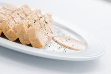 pink fish cake with mayonnaise is a tipical spanish meal