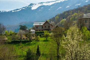 Houses on a hill with Pyrenees mountains view