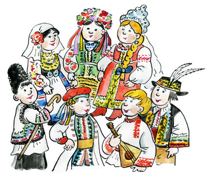 Kids multicultural traditional East European costumes