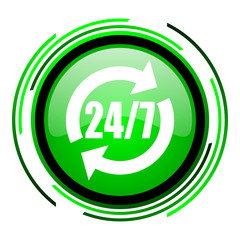 24/7 service green circle glossy icon