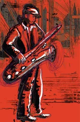 Papier Peint photo autocollant Groupe de musique joueur de saxo (dessin à la main converti en vecteur)