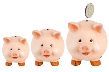 Drei lachende Sparschweine und Euromünze