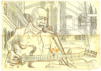 Papier Peint photo autocollant Groupe de musique joueur de guitare (dessin à la main en taille réelle - original)