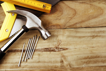 Carpentry tools on wood. Copy space