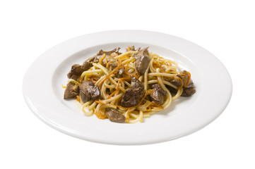 spaghetti with chicken liver and braised carrots