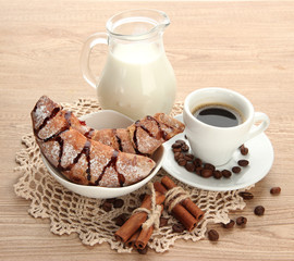 Light tasty breakfast, on wooden table