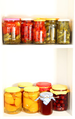 Different conservations on white shelves