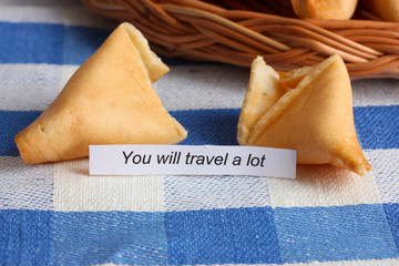 Fortune cookies on blue tablecloth