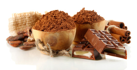 Composition of chocolate sweets, cocoa and spices, isolated